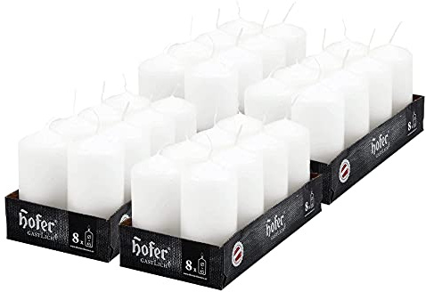 Hofer - Candele Bianche a Colonna - 4,5 x 9 cm - Set di 32 Piccole Candele Decorative Cilindriche - Colore Bianco - Lunga Durata di 12 Ore - Cera Antigoccia - Non Profumate - Prodotte in Austria