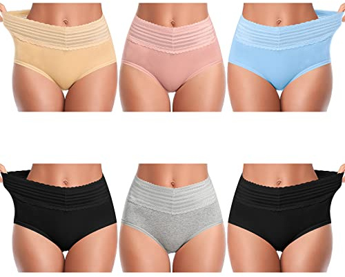 UMMISS Womens Underwear Cotton Panties Lace Waist Breathable Briefs L Hipsters 6 Packs