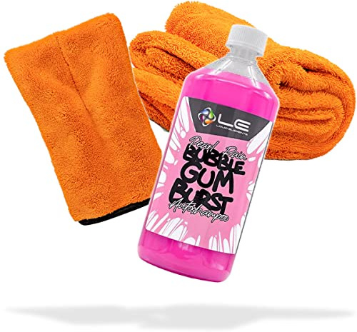 detailmate Auto Wasch- und Trockenset: Liquid Elements Pearl Rain Bubble Gum Autoshampoo 1000 ml + Mikrofaser Präzisionshandschuh + Trockentuch XXL für die optimale Handwäsche