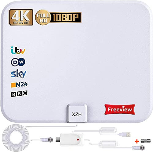 TV Aerial, Freeview Indoor Digital HDTV Aerial 200+ Miles Range with Amplifier Signal Booster,4K 1080P HD VHF UHF TV Tuner DVB-T Television Radio High Gain Stronger Reception