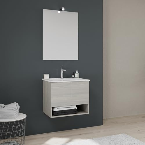 Kiamami Valentina Mobile Bagno Sospeso 60 Cm Grigio Effetto Legno Venezia | Con lavabo in ceramica, due ante, vano a giorno, specchio 60x80 cm, chiusura rallentata, stile moderno