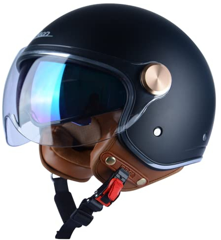 BEON Half 3/4 Face Motorcycle Helmet, DOT Approved, Retro Vintage Style, Dual Visors Men’s and Women’s Motorbike Casco for Moped Cruiser Bobber and Chopper (L, Matte Black)