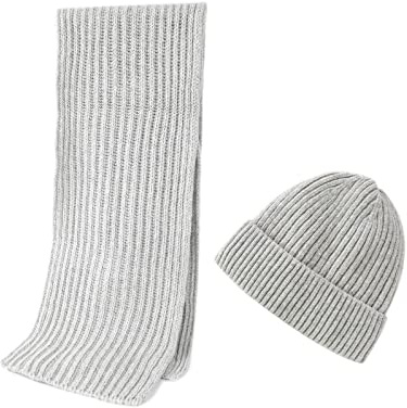 Embouro 2PCS Set di Sciarpe Beanie in Maglia di Lana Merino per Uomo e Donna, Sciarpe Lunghe Invernali Morbide e Calde con Cappello Beanie di Lana (grigio)