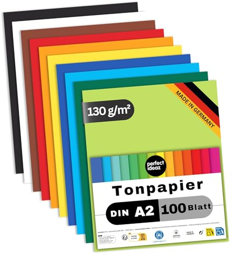perfect ideaz – Tonpapper DIN A2 – 100 ark, 10 starka färger, 130 g/m², genomfärgat och ljusbeständigt, Blå Ängeln-certifierat, tillverkat i Tyskland