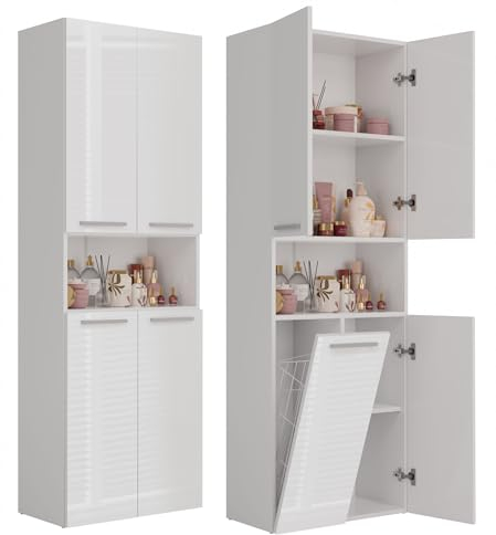 CDF Badezimmerschrank Bad Schrank Mit Wäschekorb Weiß Glänzend Badschrank Mehrzweckschrank Badregal Stehend Hochschrank Offene Regale Tür Bodenschrank Allzweckschrank 1 Wäschekorb 174x60x30