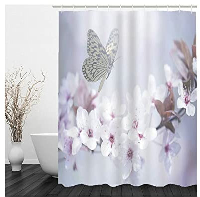 Stfery Duschvorhänge Textil, Duschvorhang Pink Weiss Blumen Schmetterlinge Duschvorhang 180x180 Polyester Bad Vorhang Badezimmer Deko