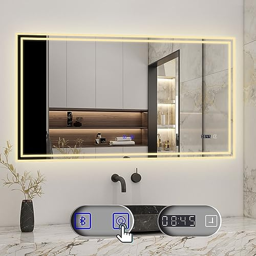 Biubiubath Badspiegel mit Beleuchtung 120x70cm LED Wandspiegel mit Touch,Bluetooth und Uhr,Badezimmerspiegel Beschlagfrei 3 Lichtfarbe 3000-6000K Dimmbar,IP44