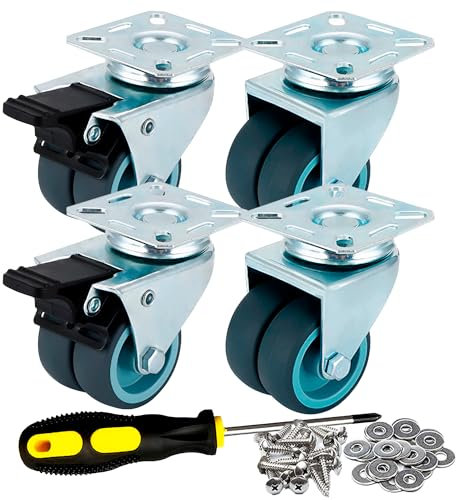 YUCONECT Ruote per Mobili Pesanti fino a 400 Kg e 1 Cacciavite, 16 Viti e 16 Rondelle - 4 Ruote per Carrello Carichi Pesanti, 2 con freno e 2 senza freno - Rotelle per Mobili - Ruota Mobile 50mm