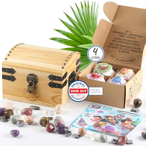 Käpt'n Knusperbart 4 Badekugeln mit Edelstein Überraschung + Schatztruhe + Buch + Aufkleber, Plastikfrei mit natürlichen Inhaltsstoffen, Frei von Parafinen, Palmöl, Silikonen, SLS, PEGs und Parfum