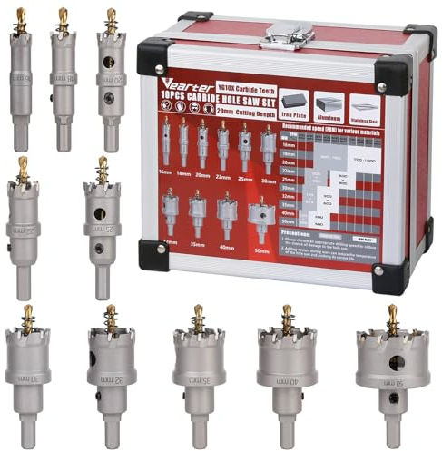 Vearter 10PCS Carbide Hole Saw Kit, 16-50mm Metal Hole Cutter with Pilot Drill, TCT Tipped Drill Bit Set for Stainless Steel, Hard Metal, Iron, Mild Steel, Aluminium, Alloy, Plastic, Fiberglass