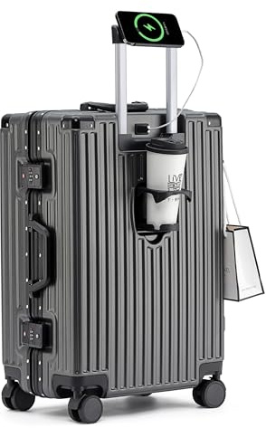Lesulety Valise Cabine Ultra Légère 4 Roues Sans Fermeture Éclair - TSA, Port USB Et Porte-Gobelet - Gris, 20 Pouces