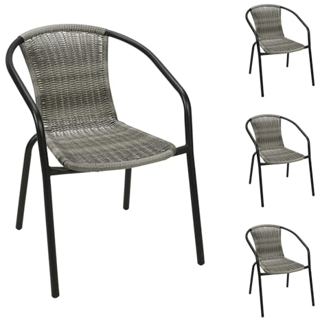 Mojawo Qualität 4 Stück Stahl/Polyrattan Bistrostuhl stapelbar Stapelstuhl Campingstuhl Gartenstuhl Küchenstuhl Balkonmöbel Gartensitzmöbel Grau meliert/Schwarz