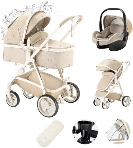 Zkiprm Passeggino Trio, Passeggino 3 in 1 | Passeggino Sistema Combinato con Navicella Ovetto Seggiolino Auto, Coprigambe, Modalità doppia spinta reversibile, carrozzina pieghevole in alluminio