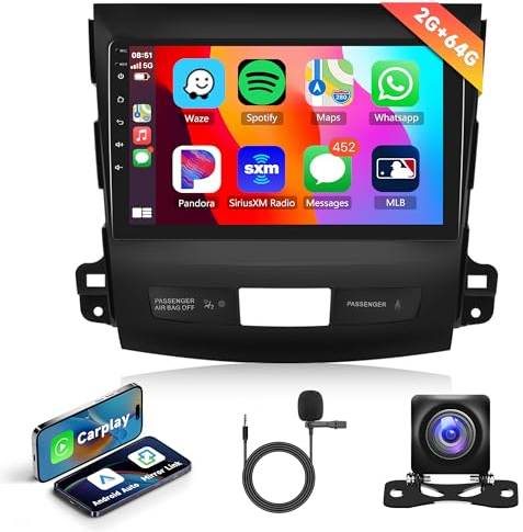 2G+64G Wireless Carplay Android Radio Coche 2 DIN para Mitsubishi Outlander 2/Peugeot 4007/Citroen C-Crosser 9 Pulgadas Radio Coche con Android Auto GPS Navi WiFi Bluetooth FM/RDS/Dab Cámara Trasera