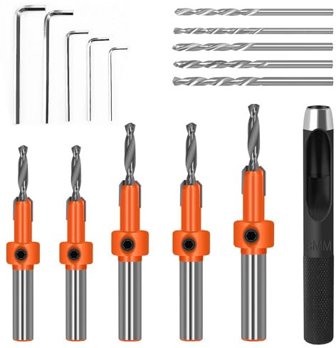 10 Pezzi Svasatore per Legno Set, Con 5 Chiavi Esagonali e 1 Punzone, Punte Svasatrici Regolabili in Profondità per Foratura Nella Lavorazione