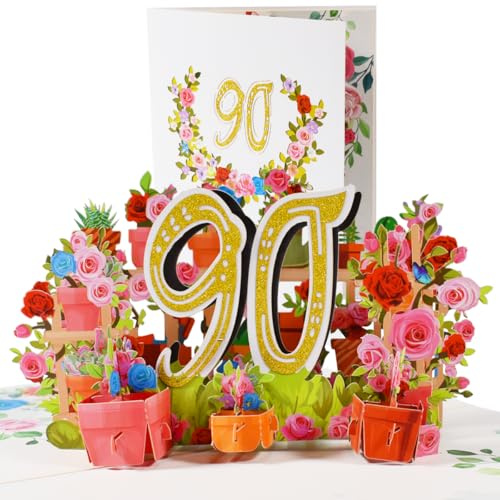 CNLITIHEKA Pop Up Karten zum 90. Geburtstag, Glückwunschkarten zum 90. Geburtstag, 90. Popup-Jubiläumskarte,Geschenkkarte zum Geburtstag mit Notiz und Umschlag.