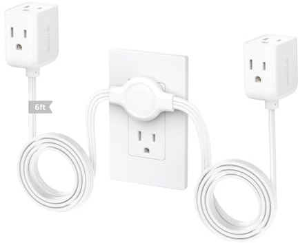 TROND Split Extension Cord Power Strip, Twin 6ft on Each Side, Low-Profile Flat Plug, Dual 3 Grounded Outlet Extender Cubes, 13 Amps, 16 Gauge Wire, for Behind TV Stand Sofa Headboard, Indoor, White
