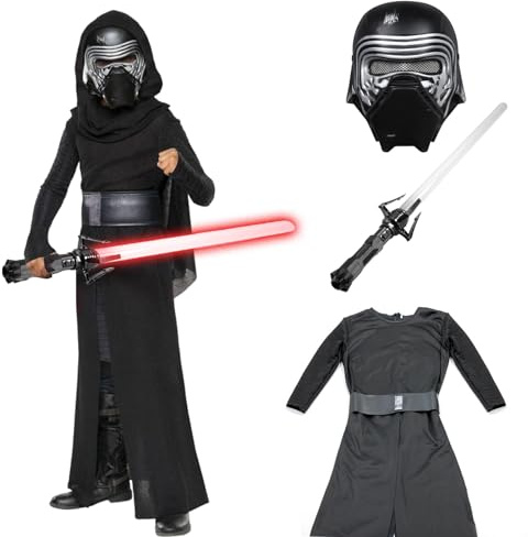 Applysu Kinder Kylo Ren Kostüm SW Kylo Ren Jumpsuit Lichtschwert Maske Halloween Party Schwarz Serie Cosplay Outfits