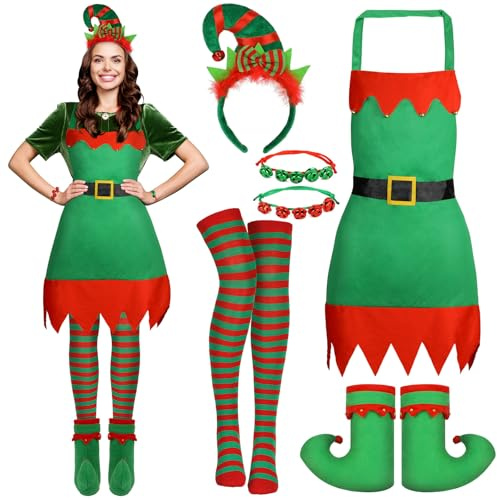 Beipegin Costume Elfo Donna Uomo,Grembiule Natale Elfo Grembiule Cerchietto Elfo Calze Scarpe Elfo Costume Natale Accessori Elfo Cosplay Festa di Natale per Adult