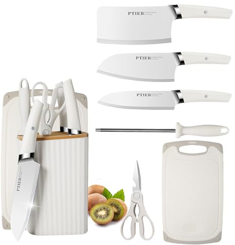 Kitchen Knife Set, 7 Pieces White Ceramic Knives Set with Block, Rust Proof & Stain Resistant, Nonstick Cooking Knife Set with Ergonomic Handle for Home Family Restaurant