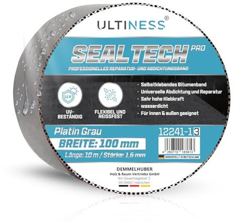 Ultiness® Aluminium Klebeband SealTechPRO 10m Rolle Reparaturset für Dachrinne abdichten wasserdicht & UV-resistent Bitumenband selbstklebend Dachrinnen Reparaturband MADE IN GERMANY (100 mm breit)