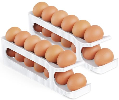 Egg Holder Storage, 2 Tiers Space Saving Automatically Rolling Egg Dispenser Container Tray for Fridge Organiser, Kitchen - 2 Pack