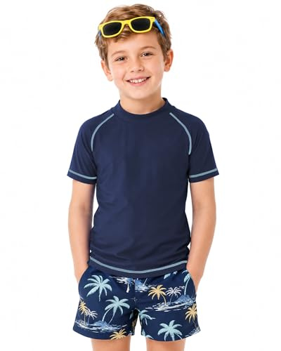 MEETWEE Pojkar simning kortärmad/långärmad tröja barn simning UV t-shirt barn badskjorta rashväst surfing t-shirt snabbtorkande strandskjorta vattensport topp, Marinblå kortärmad, 14 år