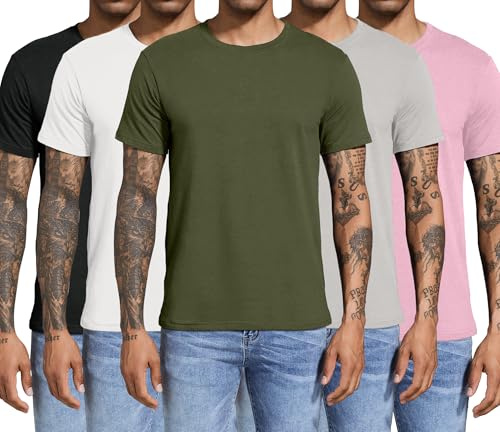 Boyzn Män 3 eller 4-pack bomulls-t-shirts, korta/långärmade rund hals sportt-shirts, bomull gym träning löpning tröjor för män, 5-pack-svart/vit/grå/grön/rosa, XXL