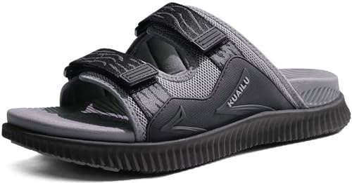 KuaiLu Sandales Hommes Confortable Sport et d'extérieur Orthopedique Plantaire Confort Claquettes Marche Réglables Cuir été Randonnée Trekking Plage Piscine Sandalette Ouverte Antidérapante Gris 45