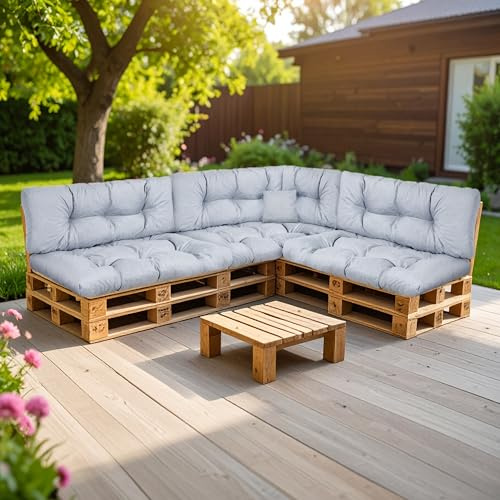 SLIPIO Palettenkissen für Europaletten, 8-TLG. Set, wasserfest, Grau | Palettenpolster; FÜLLPRO+ Füllung; 3x Rückenkissen 120x40 cm + 3x Sitzkissen 120x80 cm + 60x40 + 50x50
