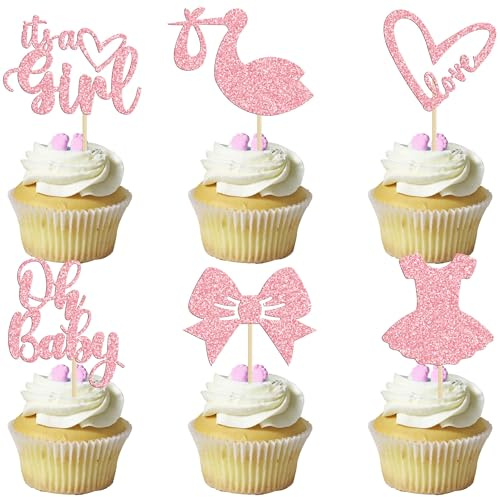 CharmeFleur 30 Pcs Oh Baby Cupcake Toppers It's a Girl Cupcake Toppers with Bow Dress Heart Pink Glitter Cake Decorations for Baby Shower Girls