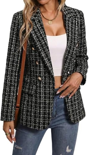 Mina Self 2025 Fall Women's Tweed Plaid Blazer Jacket - Fully Lined Fashion Business Casual Lapel Elegant Coat with Pockets, 3-Plaid-Black, XL