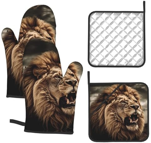 4PCS Oven Mitts and Pot Holders Set, Angry Lion Heat Resistant Oven Gloves Waterproof Cooking Gloves Hot Pads with Hanging Loop for Kitchen BBQ Outdoor Grilling