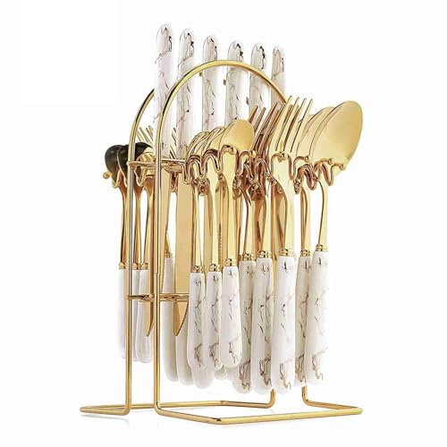 Ensemble de couverts en céramique et acier inoxydable, 24 pièces, ustensiles de cuisine, vaisselle, couverts avec support, doré et blanc, pour salle à manger familiale