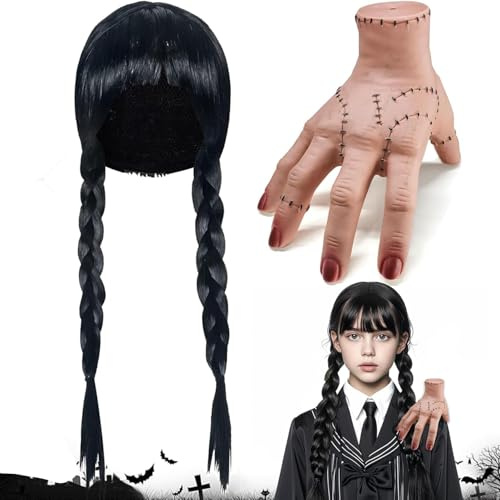 Perücke Frauen Kostüm Halloween,Wednesday Händchen,Perücke Halloween Damen,Eiskaltes Händchen,Wednesday händchen mit Damen Grau Lang,Realistic Scarred Latex Palm,perücke Grau Lang