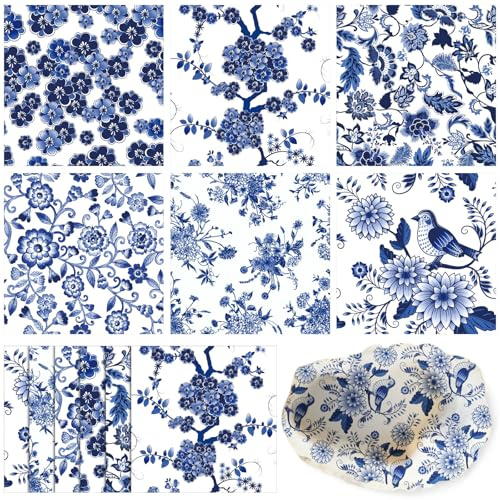 Epakh 36 Pack 6 Styles Blue and White Decoupage Napkins Assorted Floral Chinoiserie Cocktail Napkin Decorative Printed Toile Tissue Paper for Crafting Summer Seashell DIY Coastal Decor, Unfolded 13''