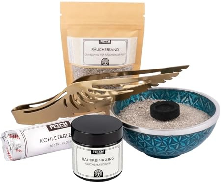 FetchNature Räucherset zur Hausreinigung – Komplettset mit Kräutermischung (50 ml), 10x Räucherkohle, Zange, Sand (200 g), Schale (12 cm) & Anleitung zur energetischen Reinigung