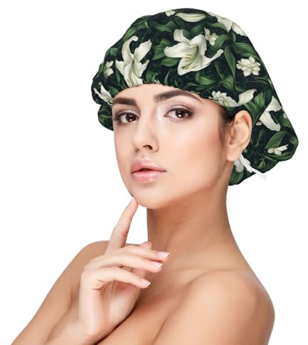 Bonnet de nuit en satin de soie avec imprimé feuilles de lys blanc pour femme endormie, double couche, bonnet de nuit pour cheveux bouclés
