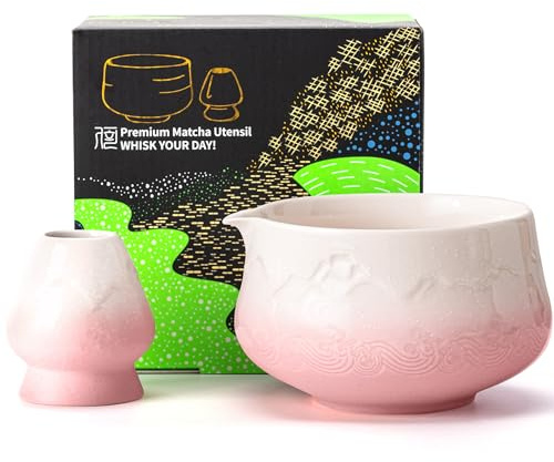 TEANAGOO Matcha Schale mit Ausgießer,2-Pcs Fuji Design Keramik Schale und Schneebesen Halter(chawan),18.9oz/560ml Rosa Matcha Schale mit Ständer, Geschenk-Set für Freund/Familie