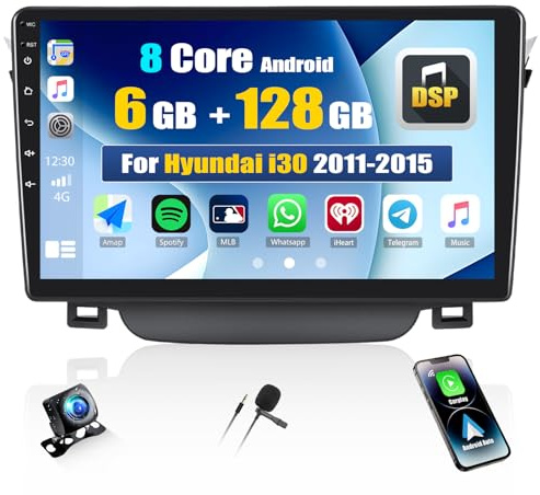 CAMECHO 6+128G 8 Núcleos 9 Radio para Hyundai I30 2011-2015 con Cámara Trasera, 2Din Android 15 Wireless Carplay Radio Bluetooth con Android Auto GPS WiFi FM/RDS DSP con Mirror Link