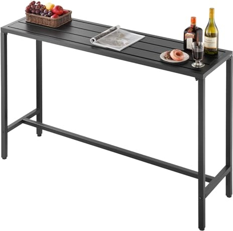 VEVOR Mesa Alta de Bar de Exterior, 1400 x 375 x 980 mm, Mesa de Comedor Rectangular con Tablero Impermeable y Estructura de Metal Resistente, Mueble de Jardín para Patio, Terraza, Piscina, Negro