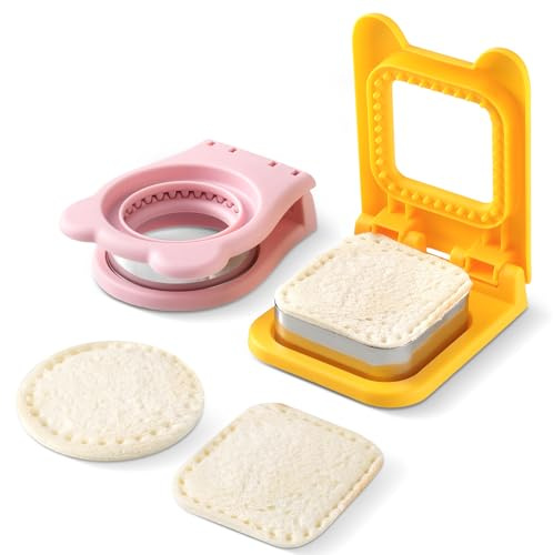 BLUE MUUMY 2 Pack Sandwich Cutters For Kids Lunch，Home DIY Round& Square Crustless Sandwich Cutter, 3.7 Inches Sandwich Sealer for Breakfast Lunch, Pink and Yellow