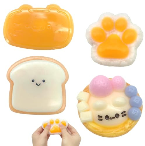 4 Stück Fufu Squishy Fidget Toys, Squishy Pfote, Taba Squishy | Anti Stress Spielzeug in Form von Kitten Eierkuchen, Käse, Pfote und Toast, katze Stressabba Spielzeuge für Erwachsene