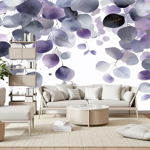 Gaqinhh Plantes Naturelles Feuilles Papier Peint Panoramique, Lila Aquarell Eukalyptusblätter Papier Peint Intissé, Tapisserie Murale Cuisine Salle de Bain, Décoration Murale Chambre, 150 x 105 cm