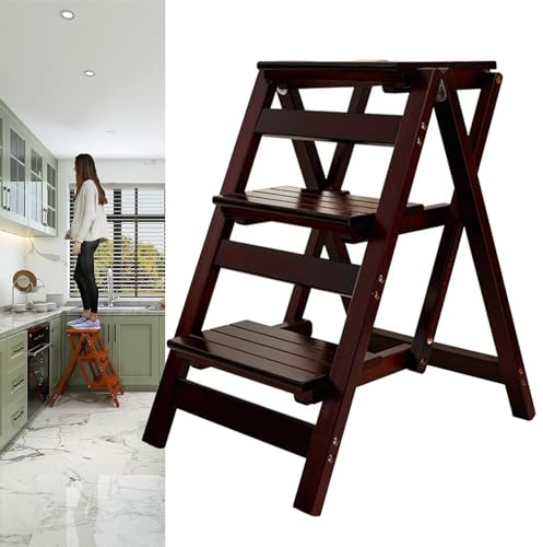 Chaise échelle pliante 3 en 1 en bois massif - Tabouret échelle portable 3 marches pour adultes, capacité de charge maximale 149 kg, escabeau pour adultes/escabeau/chaise de comptoir, marron foncé -