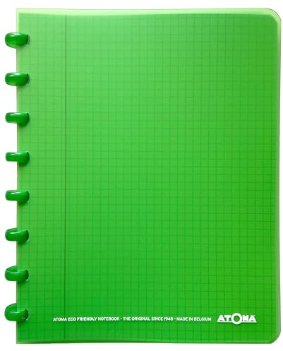 Atoma - Notizbuch A5 mit Ringen – 72 Blatt abnehmbar (144 Seiten) mit Rand – Deckel aus recycelbarem Polypropylen (grün – kariert (5 x 5 mm))