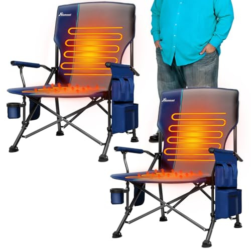 Romswi 2-Pack Heated Camping Chairs, 500lbs Heavy Duty Oversized Folding Chair with Dual-Zone Heating & Hard Armrests, XL Padded Portable Chair for Sports Sideline, Tailgate, Winter (USB Compatible)