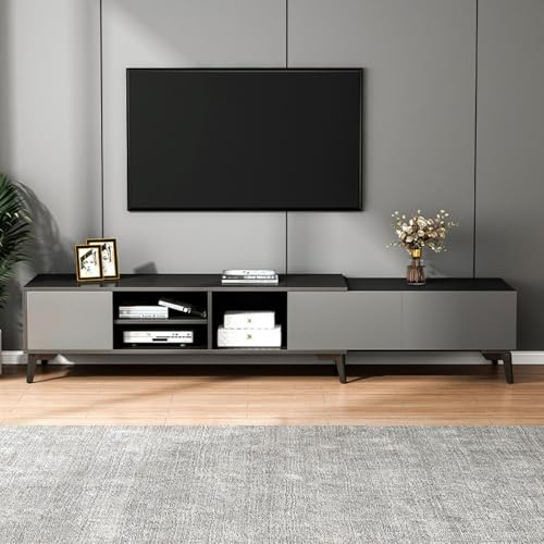 Moderno mobile porta TV allungabile rettangolare centro intrattenimento con 2 ante e ripiani aperti, gambe in metallo, tavolo console multimediale per soggiorno e camera da letto