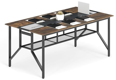 GIANTEX Mesa de Conferencia Rectangular, Mesa de Reuniones Grande con Pasacables y Estante de Almacenamiento, Estructura de Metal, 180 x 96 x 76 cm, para Oficina, Casa