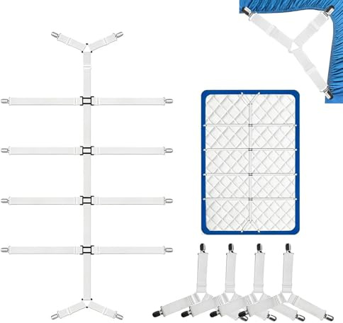 Feung gou Lot de 5 tendeurs de draps réglables - Antidérapants avec clip en métal inoxydable et bande en nylon élastique de qualité supérieure - Pour fixer fermement les draps, les housses de couette